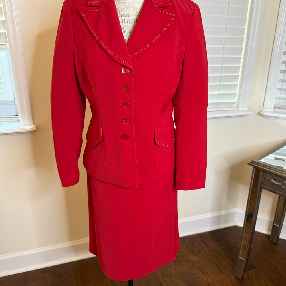 Elegant Red Blazer and Skirt Ensemble